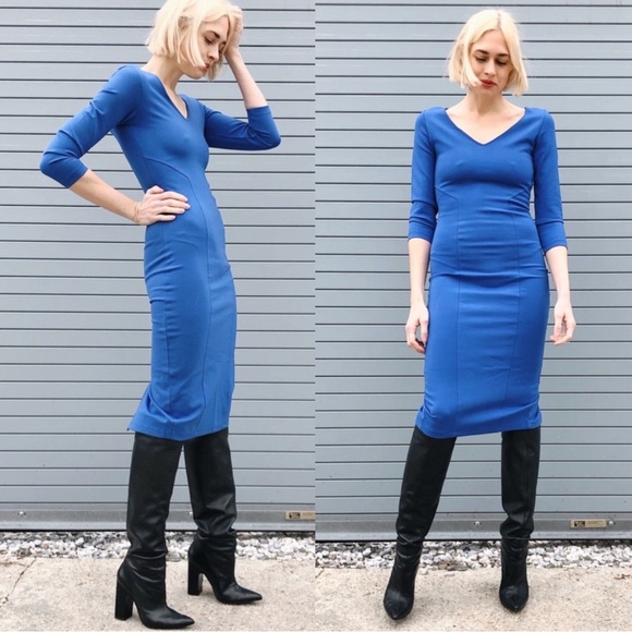 Zipper Back Cobalt Midi Bodycon Dress - Picture 1 of 7